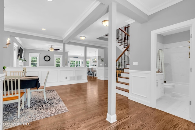 342 Old Squan Rd, Brick, NJ 08724 - dining room featuring stairway, crown molding, wood finished floors, a ceiling fan, and recessed lighting