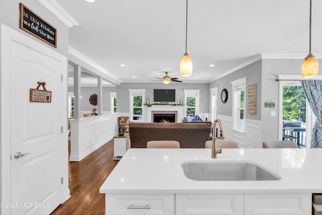 342 Old Squan Rd, Brick, NJ 08724 - kitchen featuring a sink, a ceiling fan, a lit fireplace, wainscoting, and light countertops