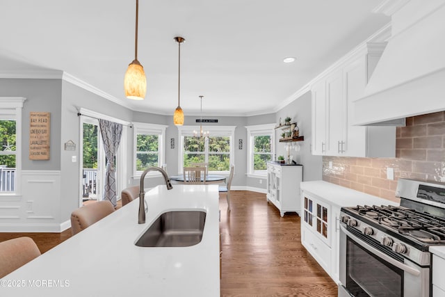 342 Old Squan Rd, Brick, NJ 08724 - kitchen with stainless steel gas range, a sink, premium range hood, plenty of natural light, and ornamental molding