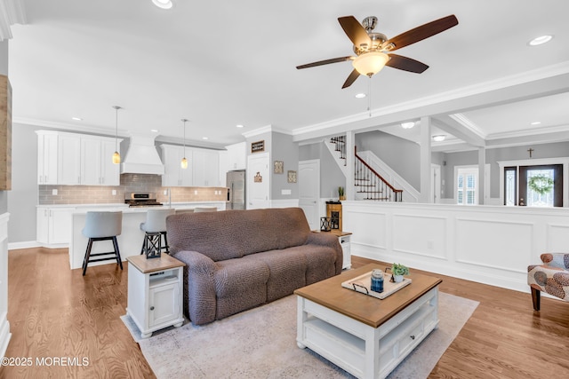 342 Old Squan Rd, Brick, NJ 08724 - living area featuring ceiling fan, crown molding, recessed lighting, stairs, and light wood finished floors