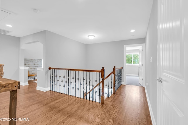 342 Old Squan Rd, Brick, NJ 08724 - hallway with an upstairs landing, wood finished floors, baseboards, recessed lighting, and attic access