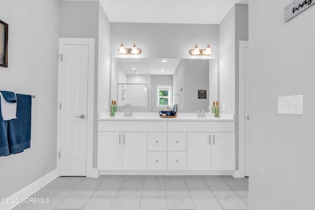 342 Old Squan Rd, Brick, NJ 08724 - bathroom with marble look tiles, double vanity, baseboards, recessed lighting, and a shower