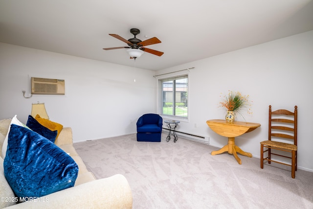 21 Pine Cluster Cir Unit A, Manalapan, NJ 07726 - living area featuring a baseboard radiator, carpet floors, a wall mounted AC, a ceiling fan, and baseboards