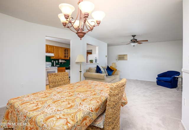21 Pine Cluster Cir Unit A, Manalapan, NJ 07726 - dining room with light colored carpet, a ceiling fan, a chandelier, and an AC wall unit