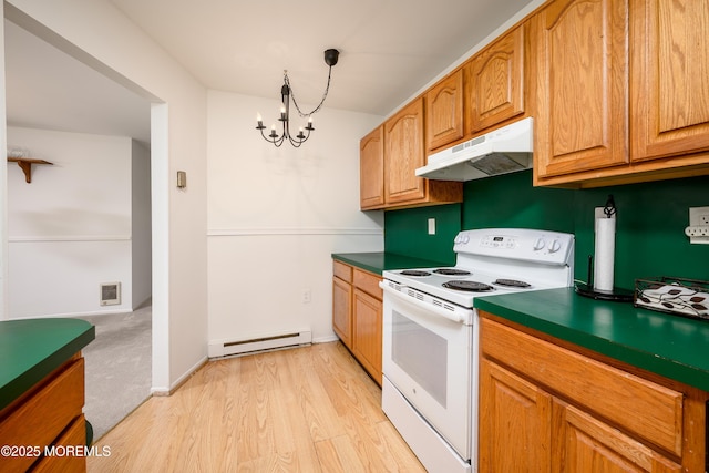 21 Pine Cluster Cir Unit A, Manalapan, NJ 07726 - kitchen with white electric stove, under cabinet range hood, a baseboard radiator, a chandelier, and light wood finished floors