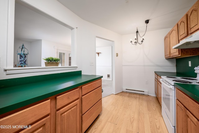21 Pine Cluster Cir Unit A, Manalapan, NJ 07726 - kitchen with white electric range oven, under cabinet range hood, a baseboard radiator, light wood-type flooring, and a chandelier