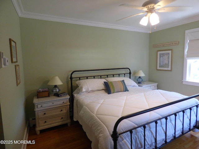 91 Center Ave, Atlantic Highlands, NJ 07716 - bedroom with dark wood-style floors, crown molding, a ceiling fan, baseboards, and a baseboard heating unit