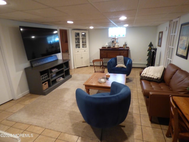 91 Center Ave, Atlantic Highlands, NJ 07716 - living area featuring light tile patterned floors, a paneled ceiling, a baseboard heating unit, and recessed lighting