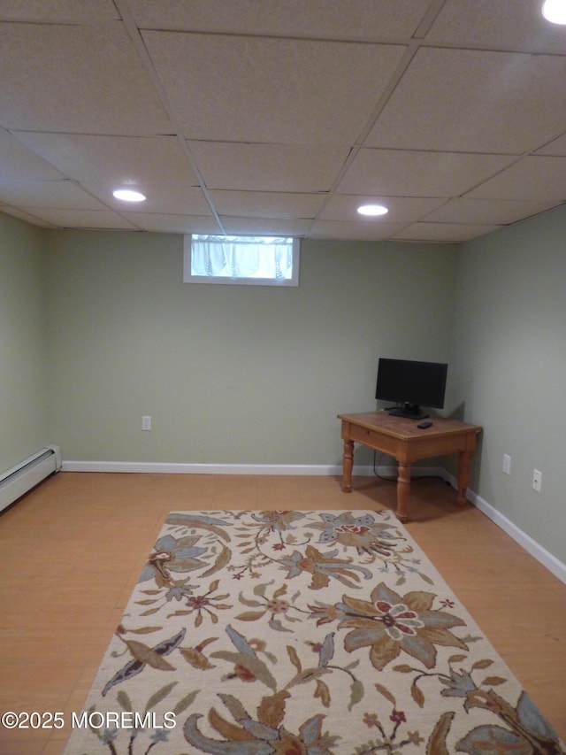 91 Center Ave, Atlantic Highlands, NJ 07716 - living area featuring a baseboard radiator, a paneled ceiling, light wood-style flooring, recessed lighting, and baseboards