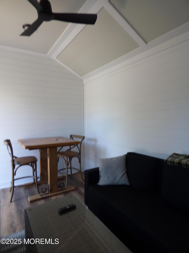 91 Center Ave, Atlantic Highlands, NJ 07716 - living area featuring wood finished floors, vaulted ceiling, and ceiling fan