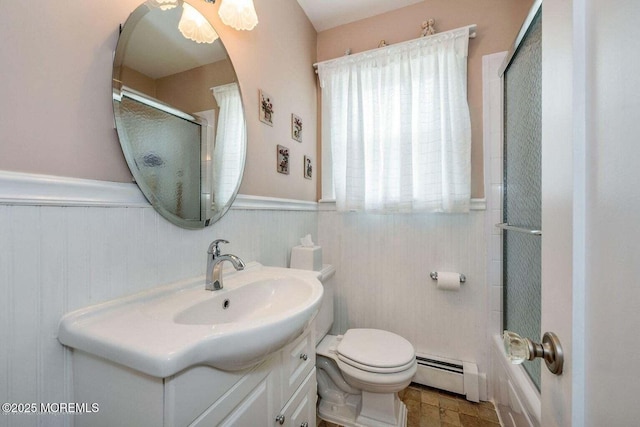 91 Center Ave, Atlantic Highlands, NJ 07716 - full bathroom with a baseboard heating unit, an enclosed shower, wainscoting, vanity, and toilet