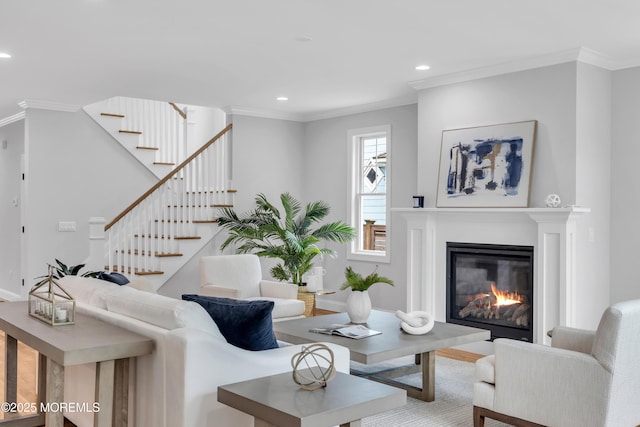 516 13th Ave, Belmar, NJ 07719 - living area featuring stairway, crown molding, recessed lighting, and a glass covered fireplace