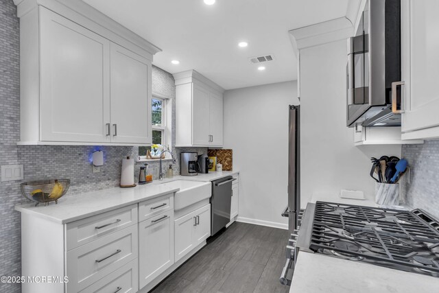 108 Drs James Parker Blvd Unit D8, Red Bank, NJ 07701 - kitchen with stainless steel appliances, a sink, tasteful backsplash, dark wood-style flooring, and white cabinetry