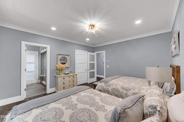 1055 Ocean Ave, Mantoloking, NJ 08738 - bedroom with crown molding, baseboards, wood finished floors, a chandelier, and recessed lighting