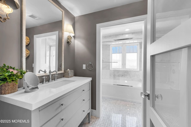 1055 Ocean Ave, Mantoloking, NJ 08738 - full bathroom with tile patterned floors, vanity, a tub to relax in, and a shower