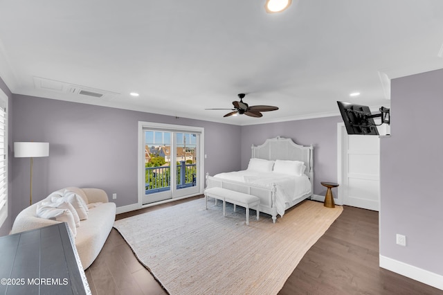 1055 Ocean Ave, Mantoloking, NJ 08738 - bedroom with access to outside, dark wood-style flooring, recessed lighting, baseboards, and ceiling fan
