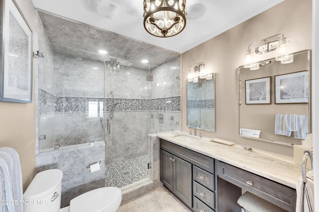 1055 Ocean Ave, Mantoloking, NJ 08738 - full bath featuring toilet, a stall shower, vanity, and a chandelier