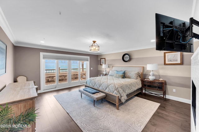 1055 Ocean Ave, Mantoloking, NJ 08738 - bedroom featuring ornamental molding, access to exterior, wood finished floors, baseboards, and recessed lighting