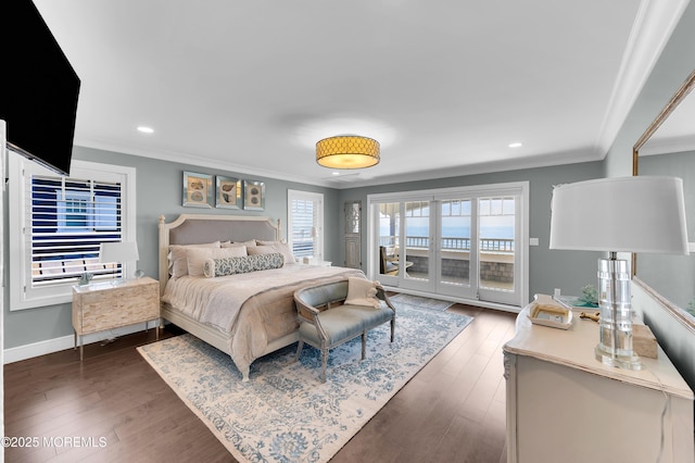 1055 Ocean Ave, Mantoloking, NJ 08738 - bedroom with ornamental molding, recessed lighting, dark wood-style floors, access to exterior, and baseboards