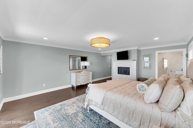 1055 Ocean Ave, Mantoloking, NJ 08738 - bedroom with baseboards, recessed lighting, wood finished floors, ornamental molding, and a fireplace