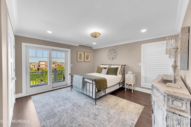 1055 Ocean Ave, Mantoloking, NJ 08738 - bedroom with ornamental molding, recessed lighting, baseboards, and dark wood-style flooring