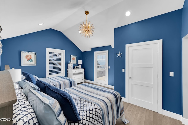 1055 Ocean Ave, Mantoloking, NJ 08738 - bedroom with wood finished floors, a chandelier, baseboards, vaulted ceiling, and recessed lighting