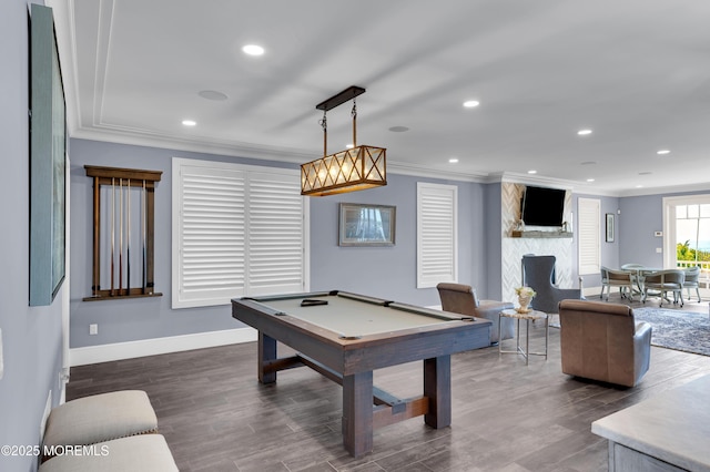 1055 Ocean Ave, Mantoloking, NJ 08738 - playroom with crown molding, baseboards, billiards, dark wood-type flooring, and recessed lighting