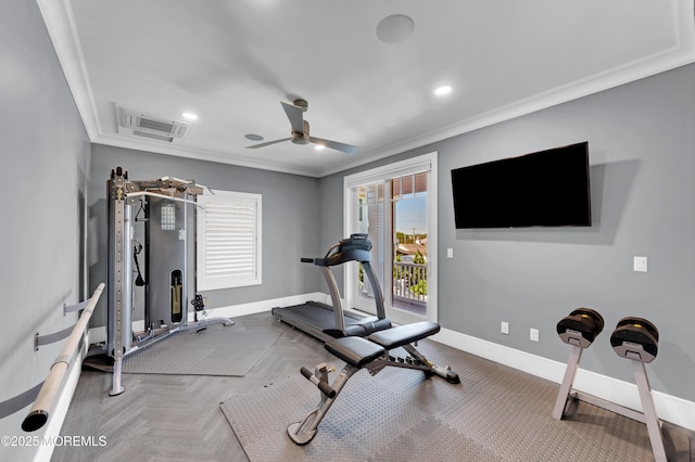 1055 Ocean Ave, Mantoloking, NJ 08738 - workout area with crown molding, ceiling fan, baseboards, and recessed lighting