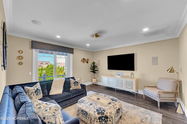 1055 Ocean Ave, Mantoloking, NJ 08738 - living area featuring ornamental molding, recessed lighting, baseboards, wood finished floors, and attic access