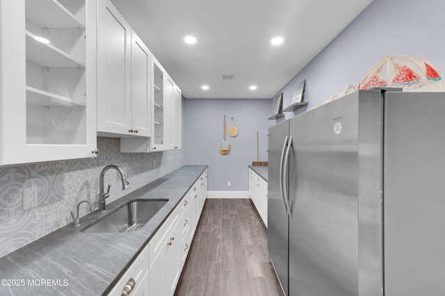 1055 Ocean Ave, Mantoloking, NJ 08738 - kitchen featuring freestanding refrigerator, a sink, white cabinets, dark wood finished floors, and glass insert cabinets