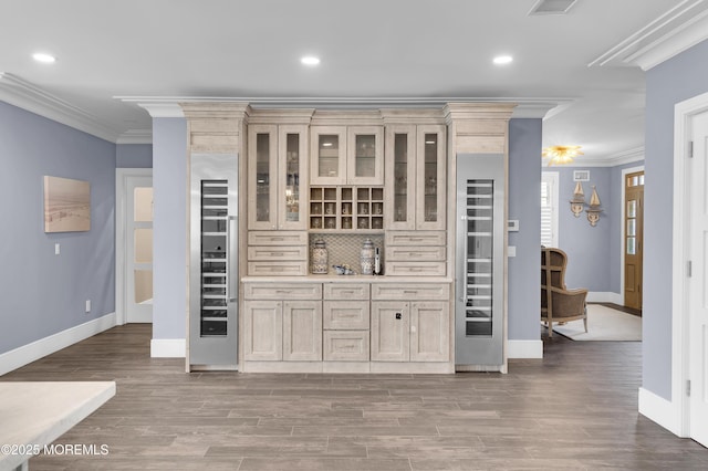 1055 Ocean Ave, Mantoloking, NJ 08738 - indoor dry bar featuring ornamental molding, baseboards, light wood-style floors, beverage cooler, and recessed lighting