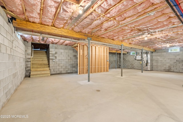 53 Burnt Tavern Rd, Brick, NJ 08724 - unfinished below grade area featuring stairway, concrete block wall, and heating unit