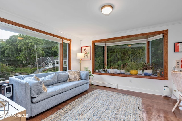 29 Grand Ave, Atlantic Highlands, NJ 07716 - living room featuring a baseboard radiator, wood finished floors, crown molding, and baseboards