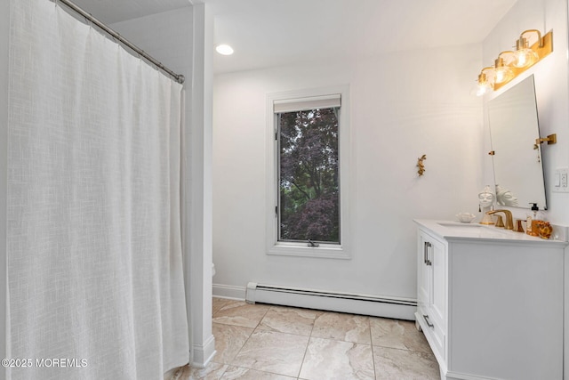 29 Grand Ave, Atlantic Highlands, NJ 07716 - bathroom featuring vanity, a baseboard heating unit, marble look tile flooring, recessed lighting, and a shower with curtain