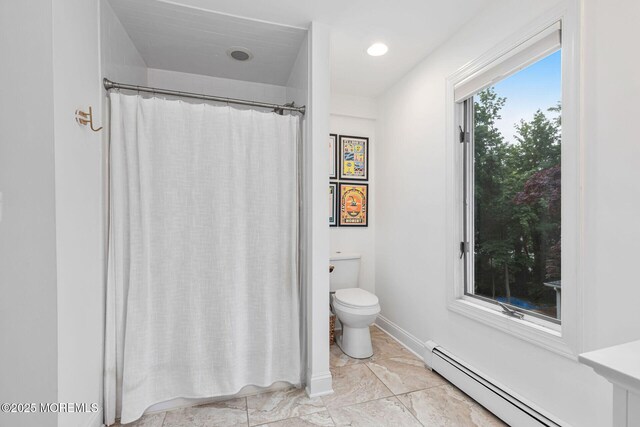 29 Grand Ave, Atlantic Highlands, NJ 07716 - bathroom with a baseboard heating unit, toilet, a shower with curtain, and recessed lighting