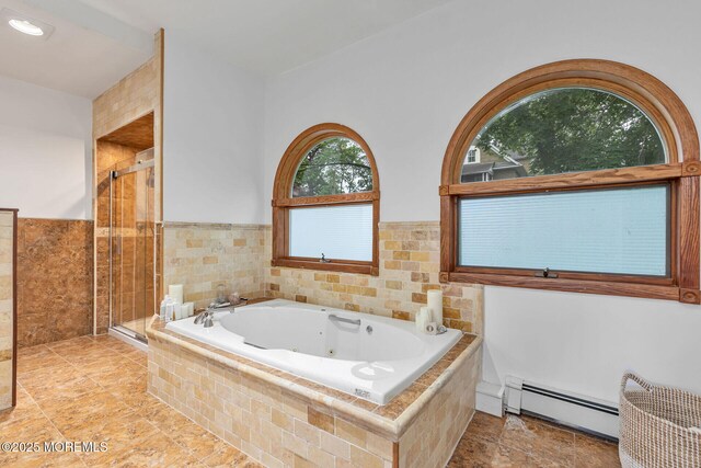 29 Grand Ave, Atlantic Highlands, NJ 07716 - bathroom featuring baseboard heating, a stall shower, and a jetted tub