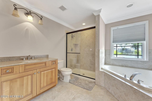 531 Parker Ave, Brick, NJ 08724 - full bath featuring a bath, toilet, crown molding, a stall shower, and vanity