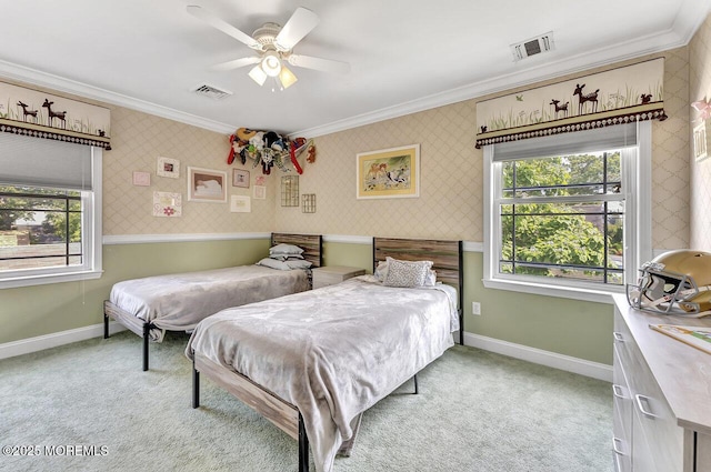 531 Parker Ave, Brick, NJ 08724 - carpeted bedroom with crown molding, baseboards, wallpapered walls, and a ceiling fan