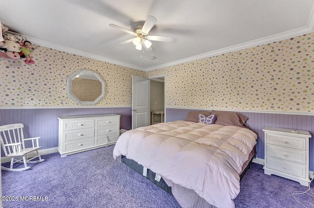 531 Parker Ave, Brick, NJ 08724 - bedroom featuring ornamental molding, wainscoting, carpet floors, a ceiling fan, and wallpapered walls