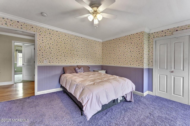 531 Parker Ave, Brick, NJ 08724 - bedroom featuring ornamental molding, a wainscoted wall, baseboards, carpet, and a ceiling fan