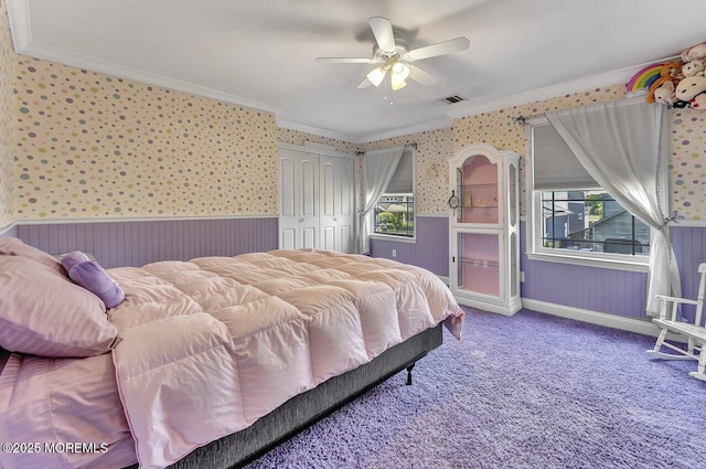 531 Parker Ave, Brick, NJ 08724 - bedroom with ornamental molding, a wainscoted wall, carpet, wallpapered walls, and a closet