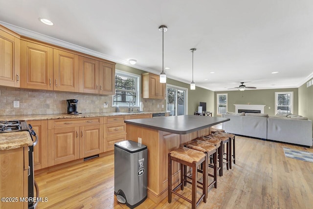 531 Parker Ave, Brick, NJ 08724 - kitchen featuring range with gas cooktop, crown molding, light wood-style flooring, a ceiling fan, and a fireplace