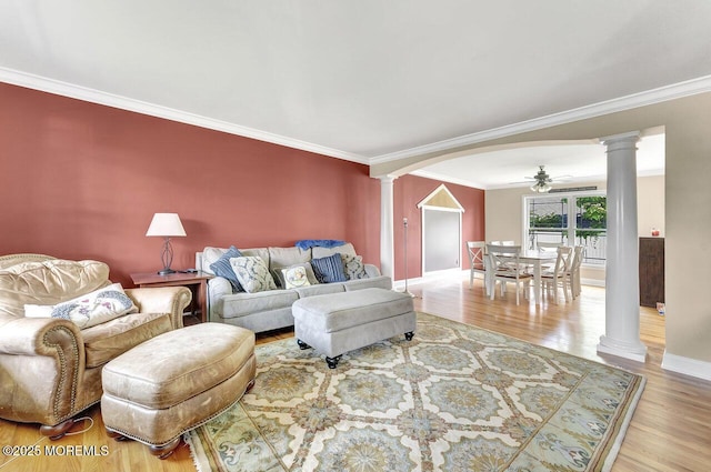 531 Parker Ave, Brick, NJ 08724 - living area with decorative columns, a ceiling fan, wood finished floors, baseboards, and ornamental molding