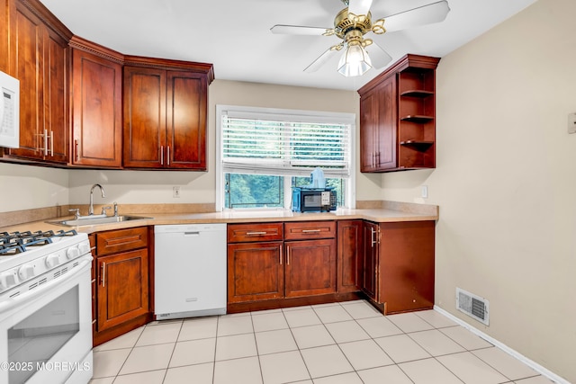 20 Lone Star Ln, Manalapan, NJ 07726 - kitchen featuring white appliances, a sink, light countertops, ceiling fan, and open shelves