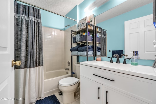 69 Rachel Ct, Franklin Twp, NJ 08823 - bathroom with shower / bathtub combination with curtain, vanity, toilet, a textured ceiling, and tile patterned floors