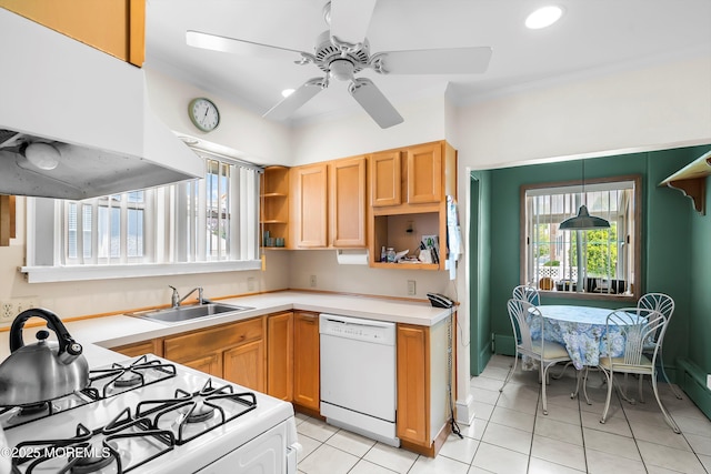 510 Bradley Blvd, Bradley Beach, NJ 07720 - kitchen featuring white appliances, open shelves, under cabinet range hood, a sink, and a ceiling fan