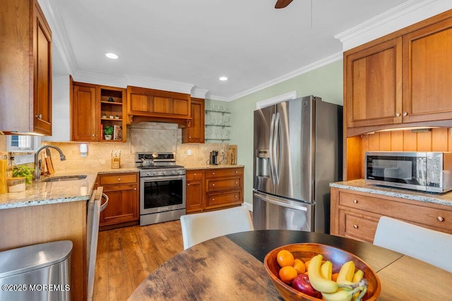 3 Stratton Pl, New Monmouth, NJ 07748 - kitchen featuring appliances with stainless steel finishes, a sink, open shelves, backsplash, and wood finished floors