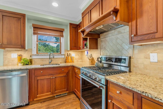 3 Stratton Pl, New Monmouth, NJ 07748 - kitchen featuring appliances with stainless steel finishes, a sink, premium range hood, tasteful backsplash, and crown molding