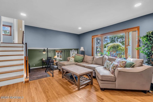 3 Stratton Pl, New Monmouth, NJ 07748 - living room with light wood-style floors, stairs, baseboards, and recessed lighting