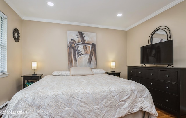 59B Cambridge Cir, Manchester, NJ 08759 - bedroom with crown molding, recessed lighting, wood finished floors, and a baseboard radiator